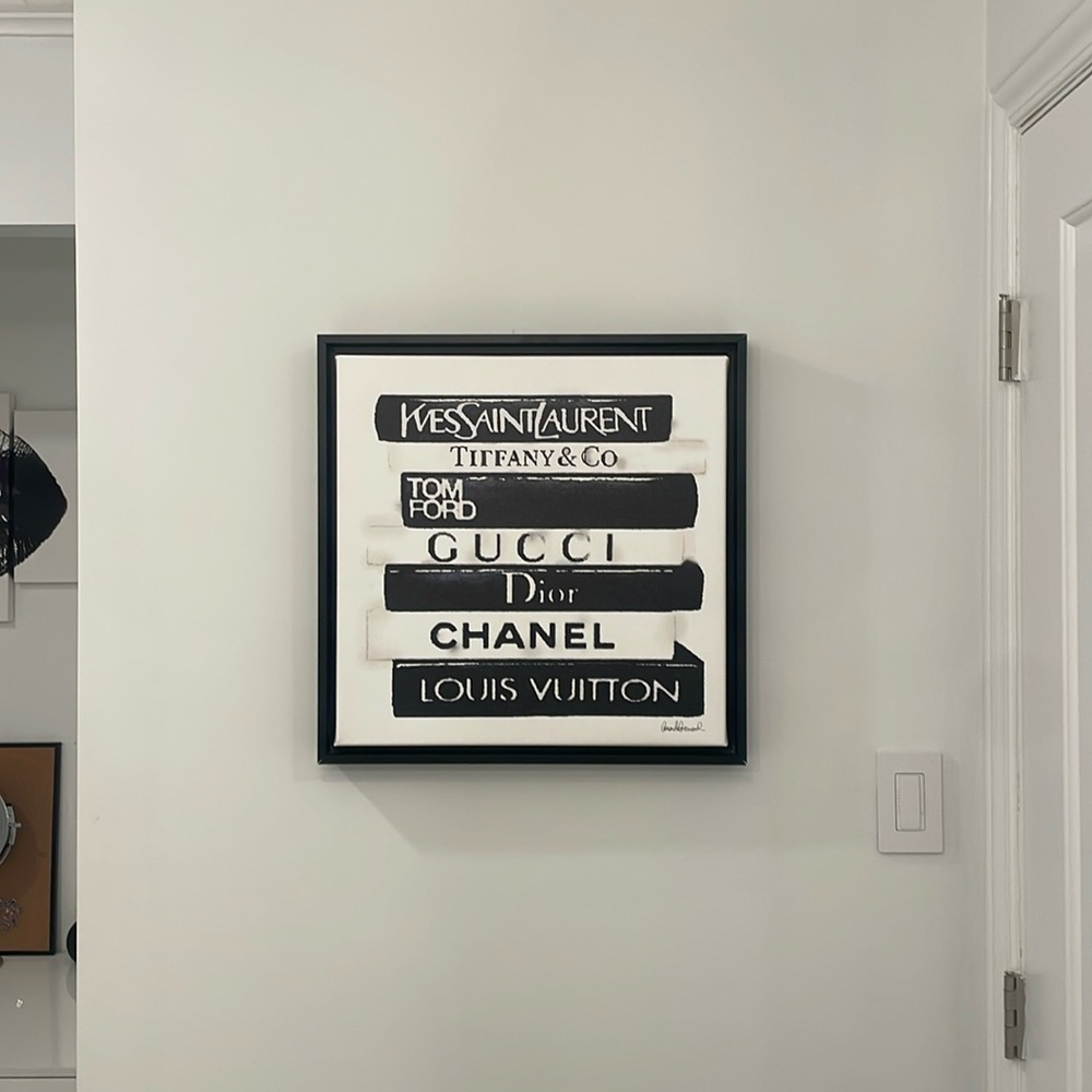 Designer Book Stack, Black and White, 20in x 20in, Black wood floating frame